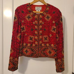 Adrianna Papell 1994 Red Silk Beaded Jacket - Size PETITE Large